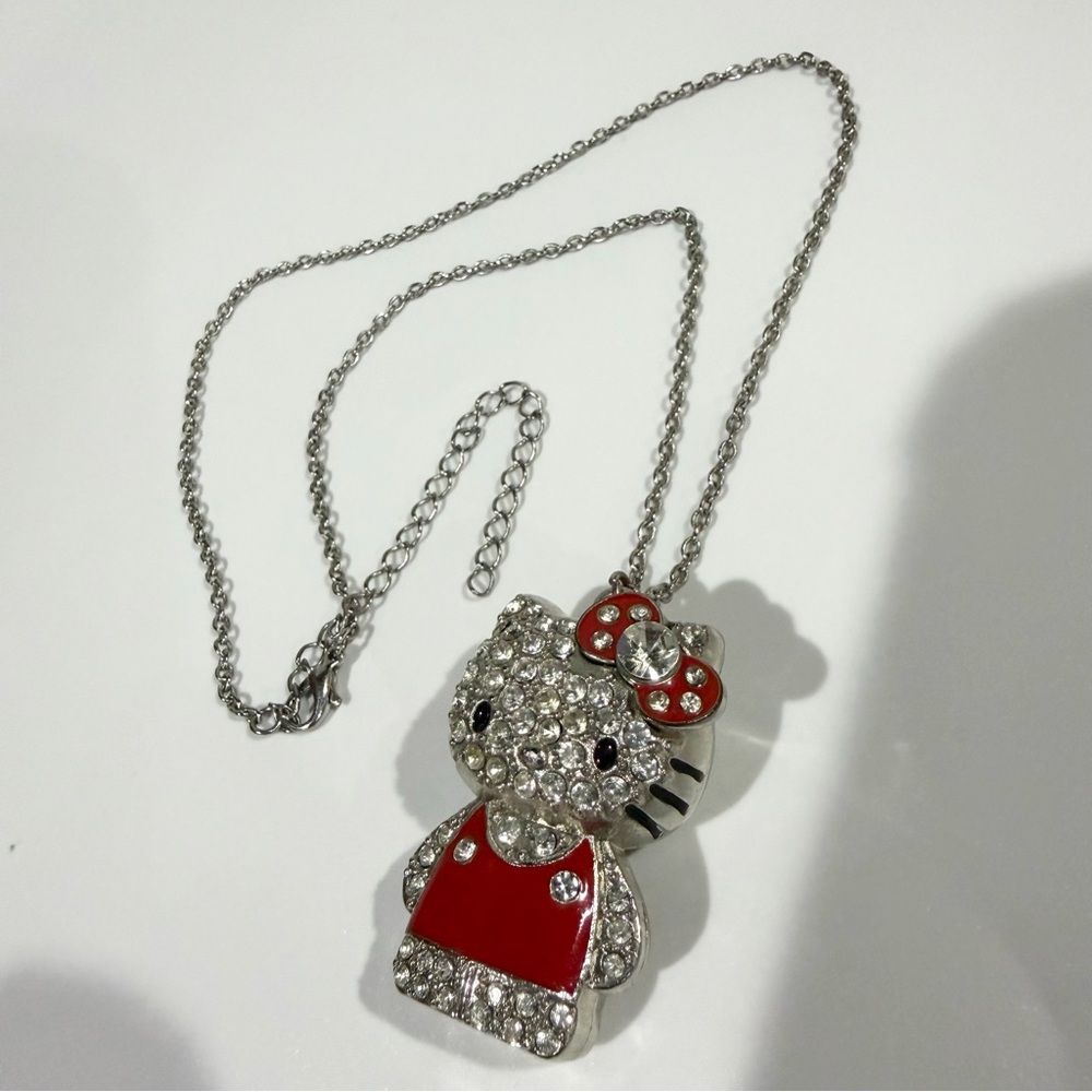 Rare Y2K Vintage 3D Hello Kitty Rhinestone Mcbling Red Silver Pendant Necklace